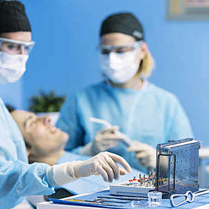 Dentists with a patient during a dental intervention. Dentist  Concept
