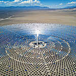 High Aerial view of large solar thermal power plant farm in the desert. Solar thermal power station. Nevada, USA.