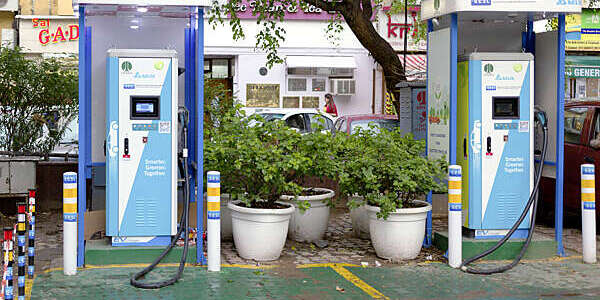 New Delhi, India - 26 July 2019: Electric Vehicle charging point for electric cars in Khan Market in New Delhi India