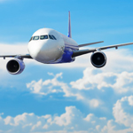 Airplane with background of cloudy sky, exploration conceptual